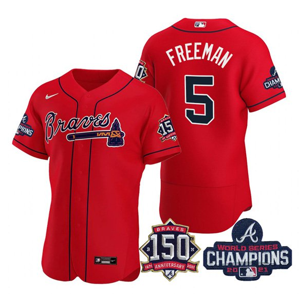 Men's Atlanta Braves #5 Freddie Freeman 2021 Red World Series Champions With 150th Anniversary Flex Base Stitched Jersey Men's Atlanta Braves #5 Freddie Freeman 2021 Red World Series Champions With 150th Anniversary Flex Base Stitched Jersey